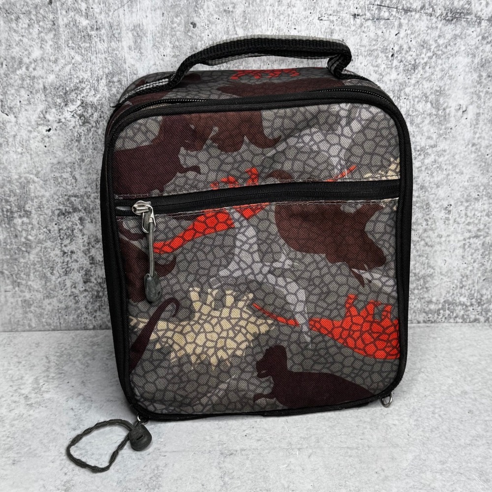 Pottery Barn Kids Mackenzie Dinosaur Insulated Lunch Box Grey Red Brown